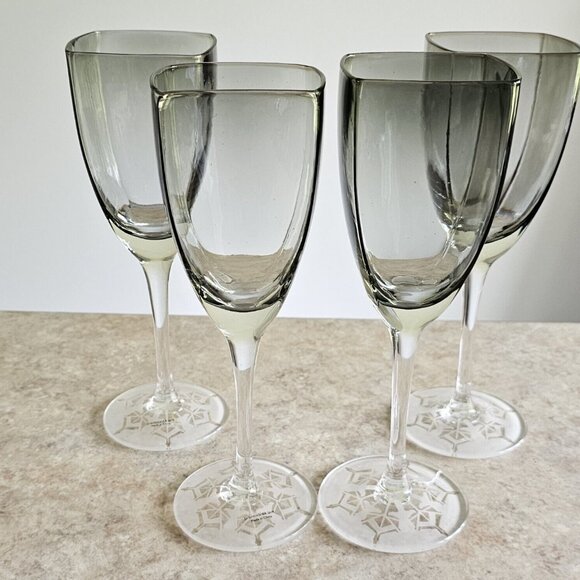 4 Retro Square Grey Wine Glasses 9.5" frosted etched base snowflake winter holid - Picture 2 of 13